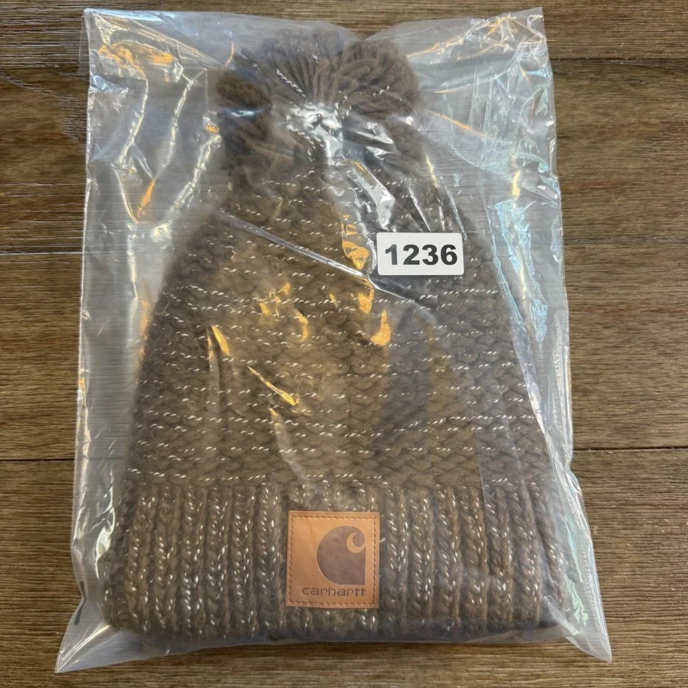 Carhartt Womens Brown Metallic Knit Fleece Lined Pom Beanie Hat AH5469-W OS